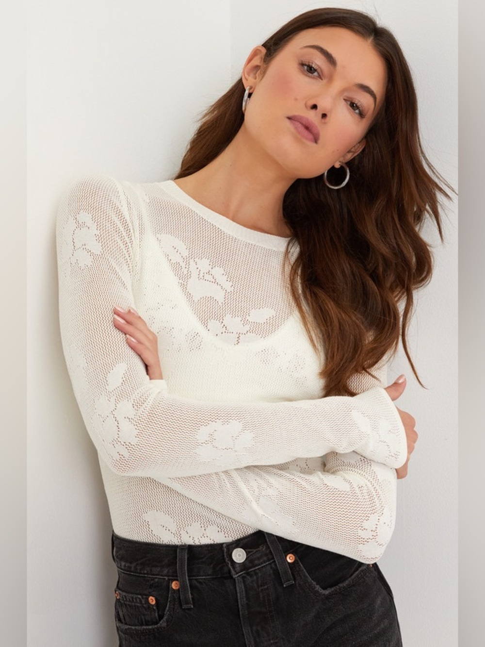 Z Supply Tibi Ivory Floral Mesh Knit Sweater Top Long Sleeve M